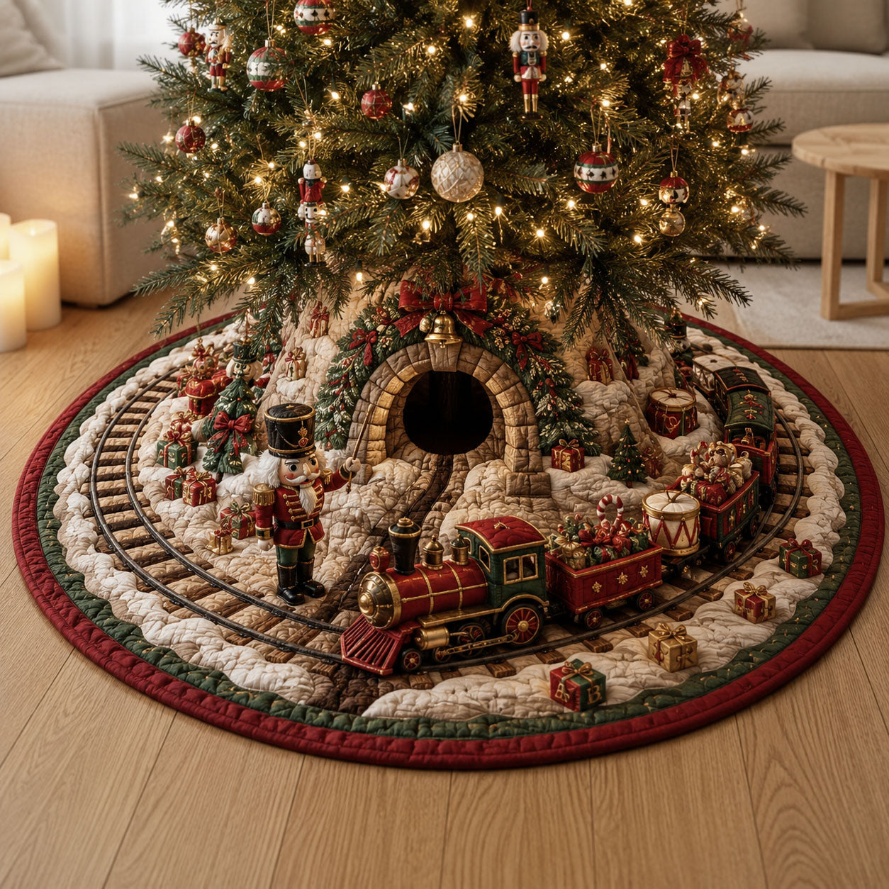 Nutcracker Christmas Train Village Quilted Tree Skirt GFTOHNL2302