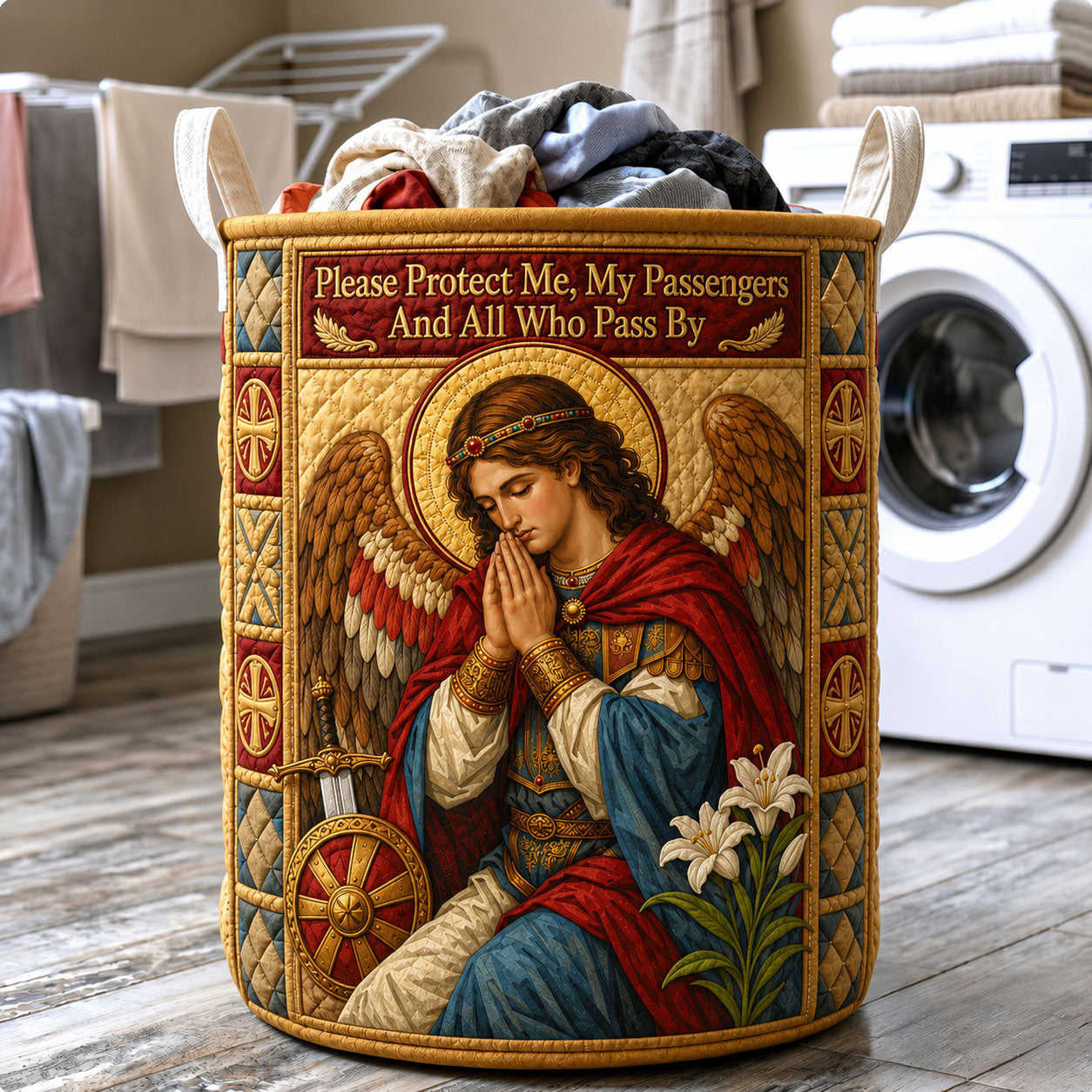 Guardian Angel Prayer Of Protection Quilted Laundry Basket GFTOHNL2314