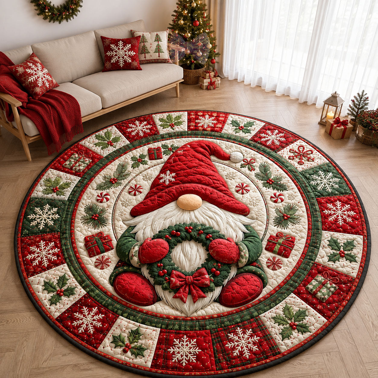 Christmas Wreath Gnome Guardian Quilted Round Mat GFTOHNL2341