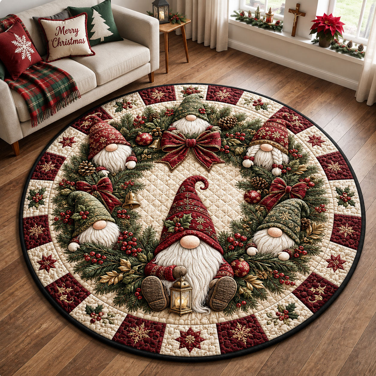 Gnome Wreath Gathering Quilted Round Mat GFTOHNL2343