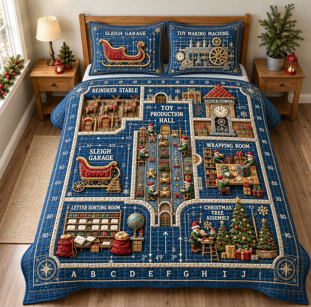 Santa Workshop Blueprint 3-Piece Quilted Bedding Set GFTOHNL2352