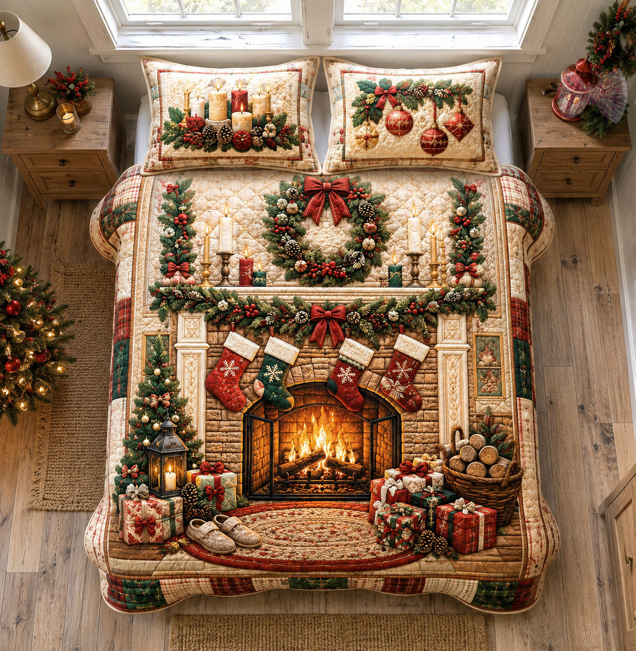 Christmas Hearth Blessings 3-Piece Quilted Bedding Set GFTOHNL2354