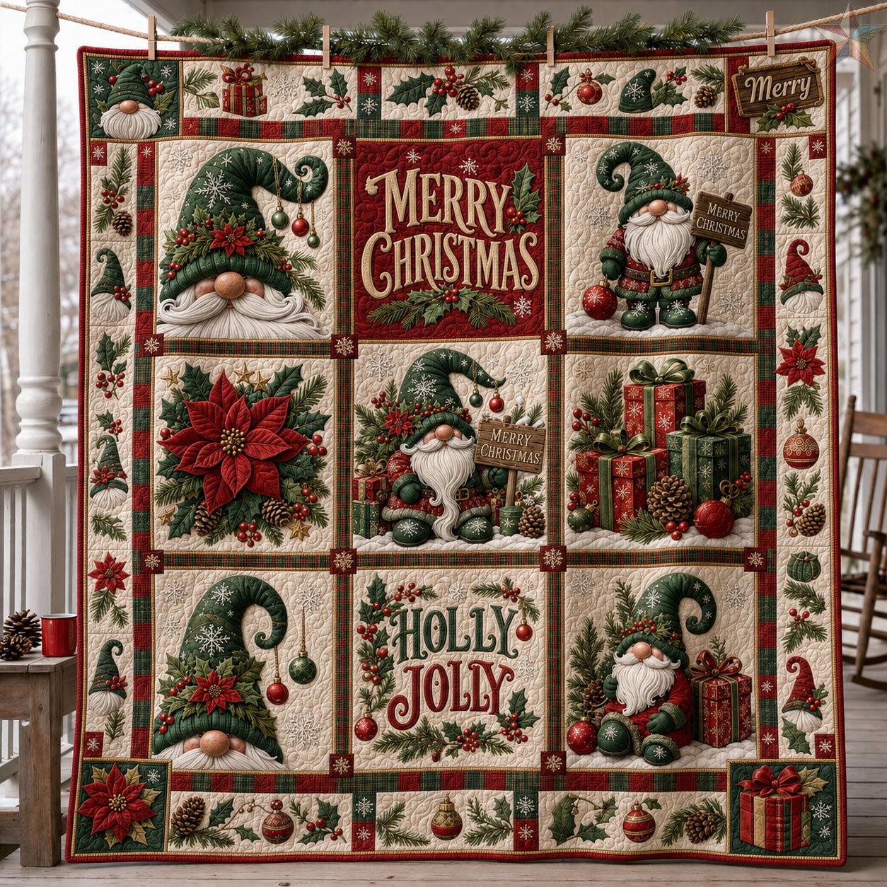 Merry Christmas Gnome Patchwork Quilted Blanket GFTOHNL2403