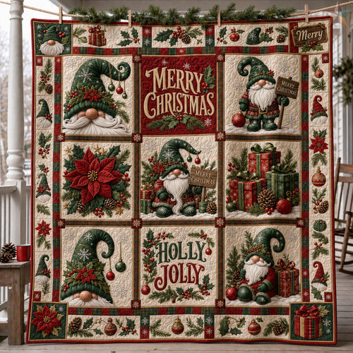 Merry Christmas Gnome Patchwork Quilted Blanket GFTOHNL2403