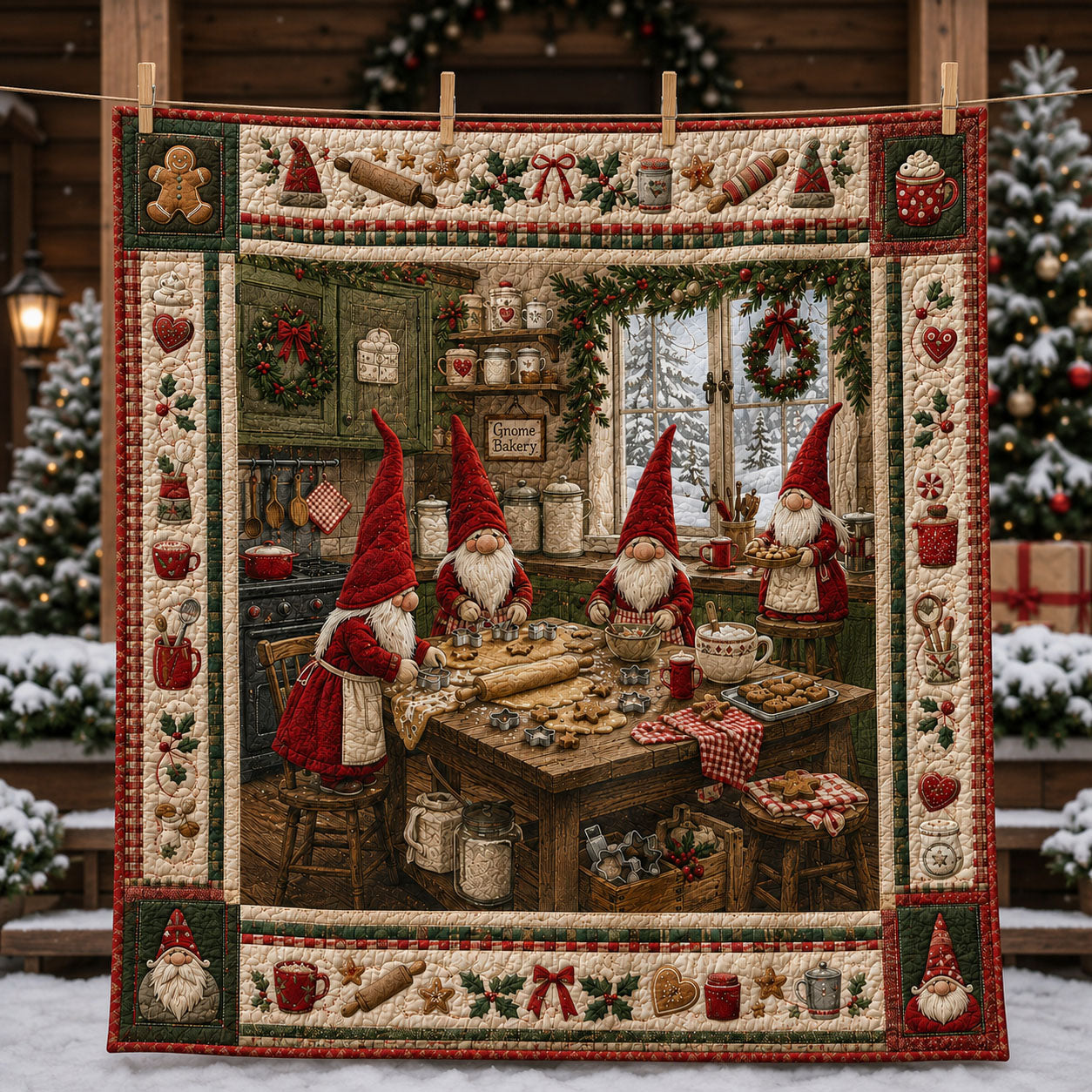 Gnome Bakery Christmas Workshop Quilted Blanket GFTOHNL2426