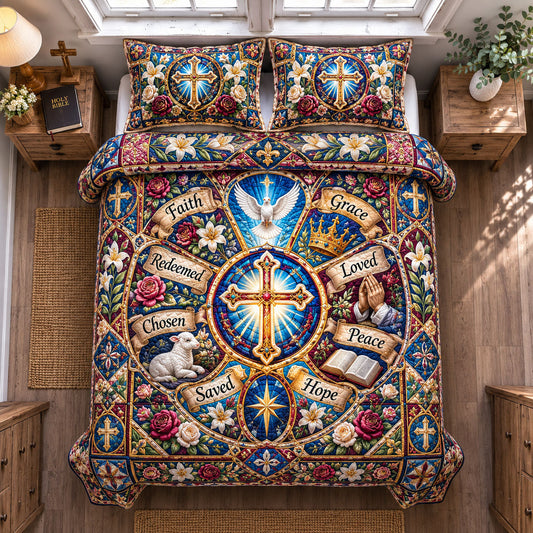 Christian Stained Glass Faith 3-Piece Quilted Bedding Set GFTOHNL2429