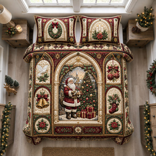 Santa Christmas Chapel 3-Piece Quilted Bedding Set GFTOHNL2435