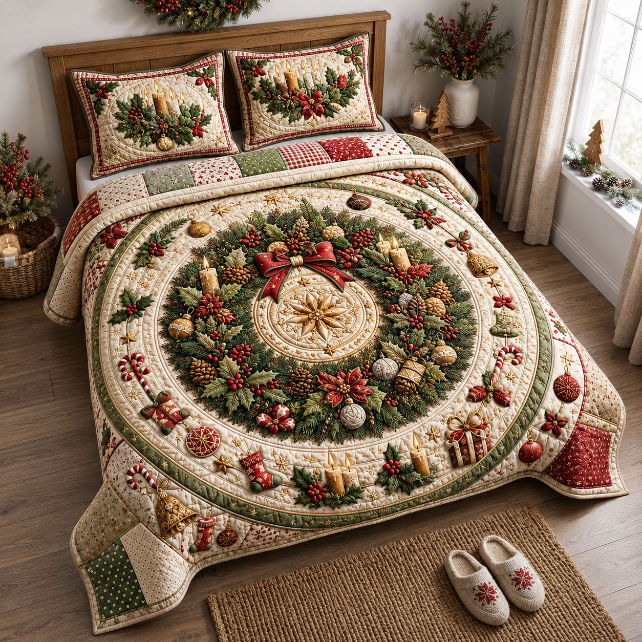Evergreen Holiday Wreath 3-Piece Quilted Bedding Set GFTOHNL2438