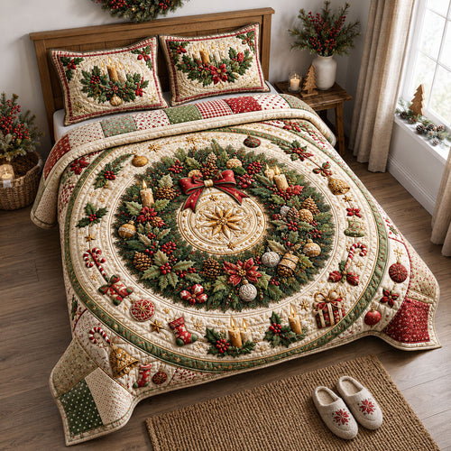 Evergreen Holiday Wreath 3-Piece Quilted Bedding Set GFTOHNL2438