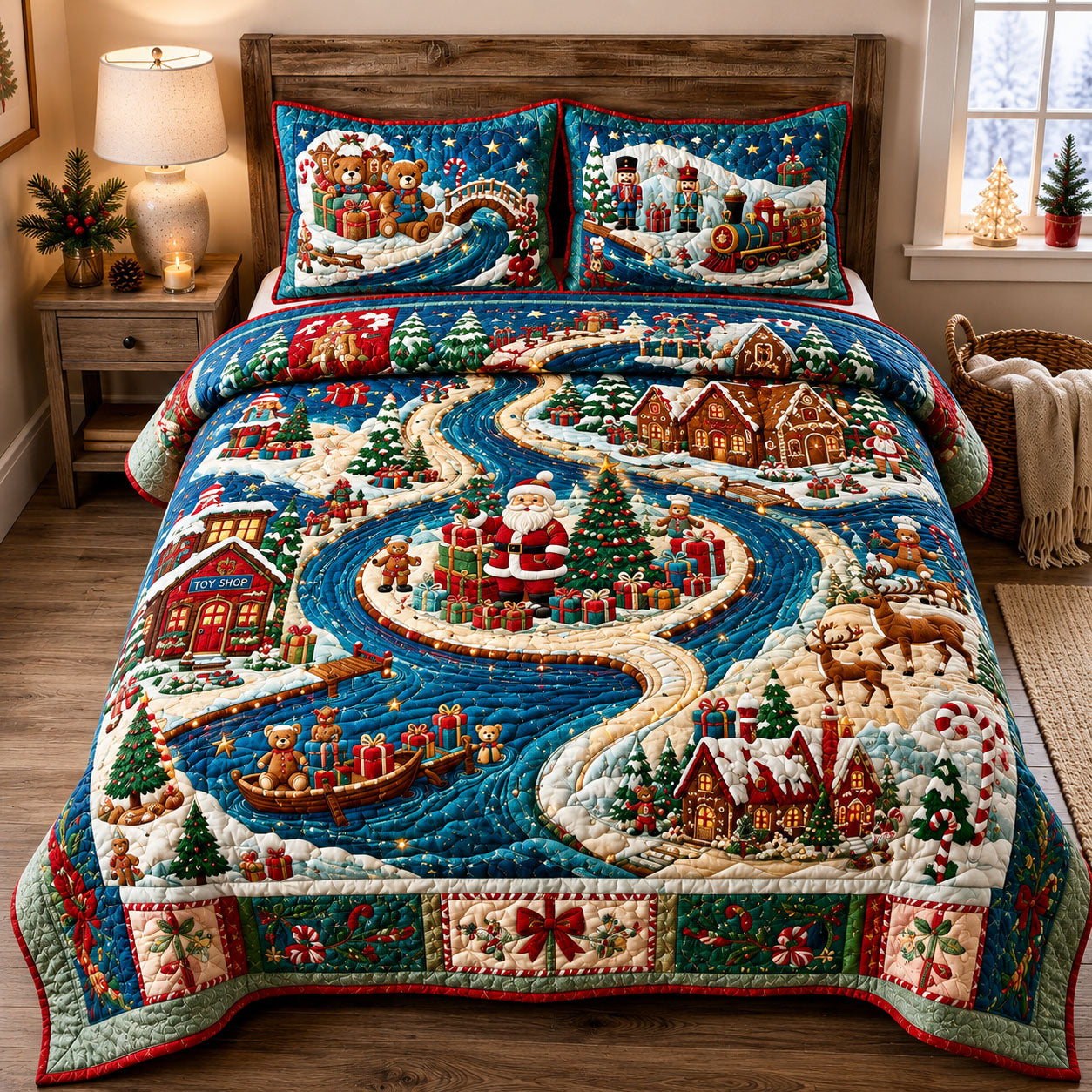 Santa Christmas Village 3-Piece Quilted Bedding Set GFTOHNL2439