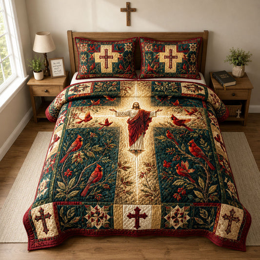 Jesus Cardinal Cross 3-Piece Quilted Bedding Set GFTOHNL2541