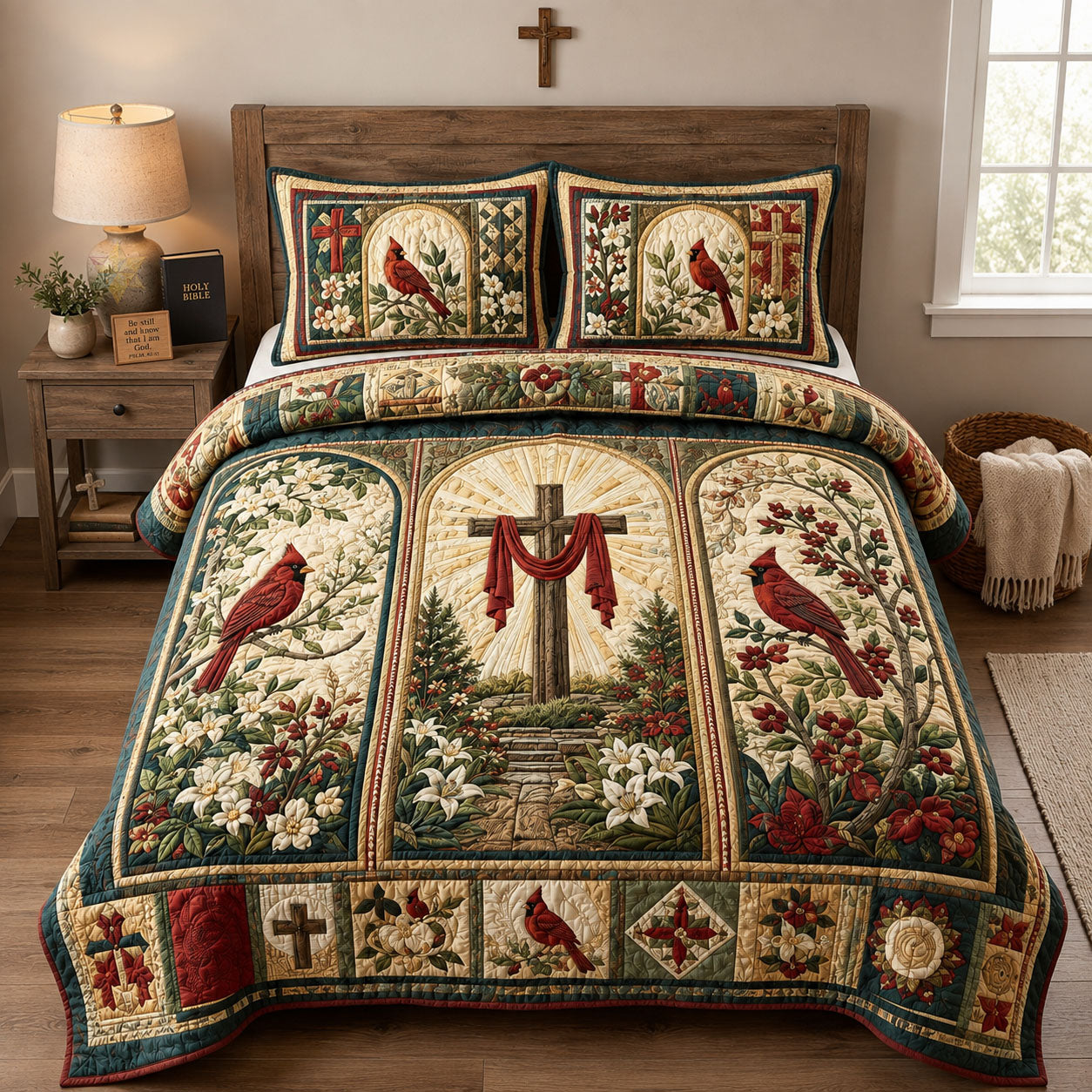 Cardinal Cross Garden 3-Piece Quilted Bedding Set GFTOHNL2544