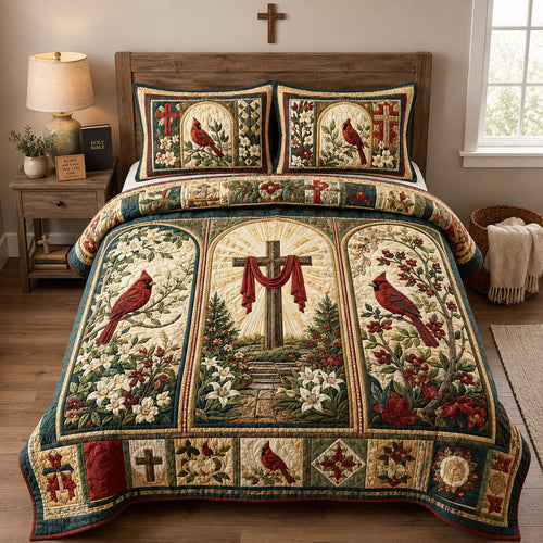 Cardinal Cross Garden 3-Piece Quilted Bedding Set GFTOHNL2544