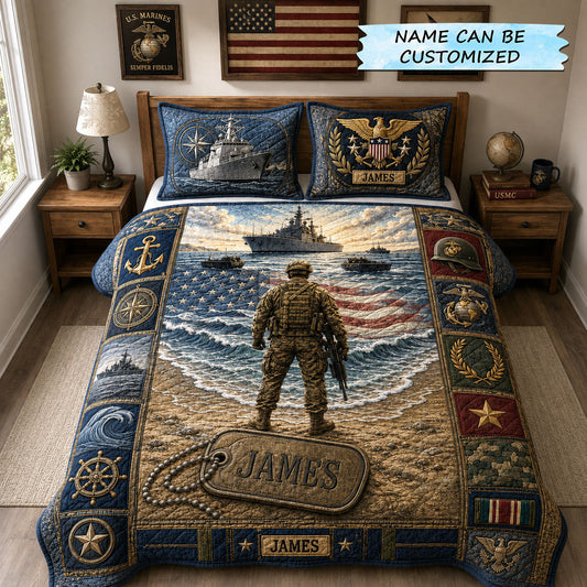 Marine Navy Veteran Honor 3-Piece Quilted Bedding Set QTCUZ GFTOHNL2545