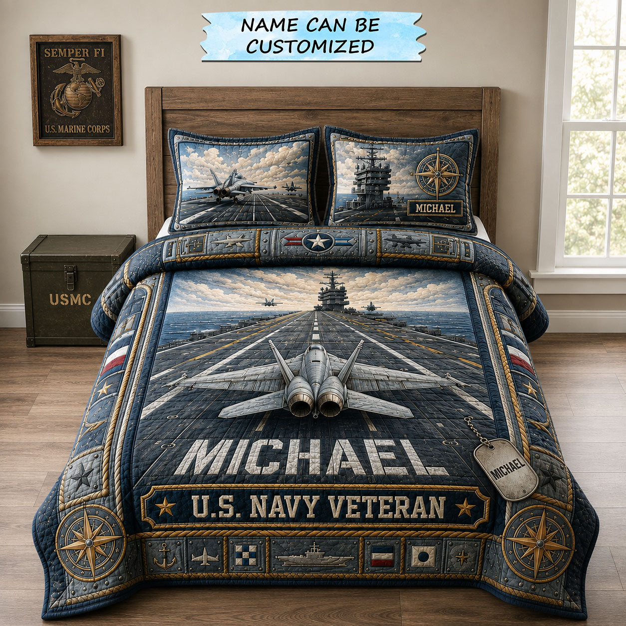 Navy Aircraft Carrier Veteran 3-Piece Quilted Bedding Set QTCUZ GFTOHNL2546