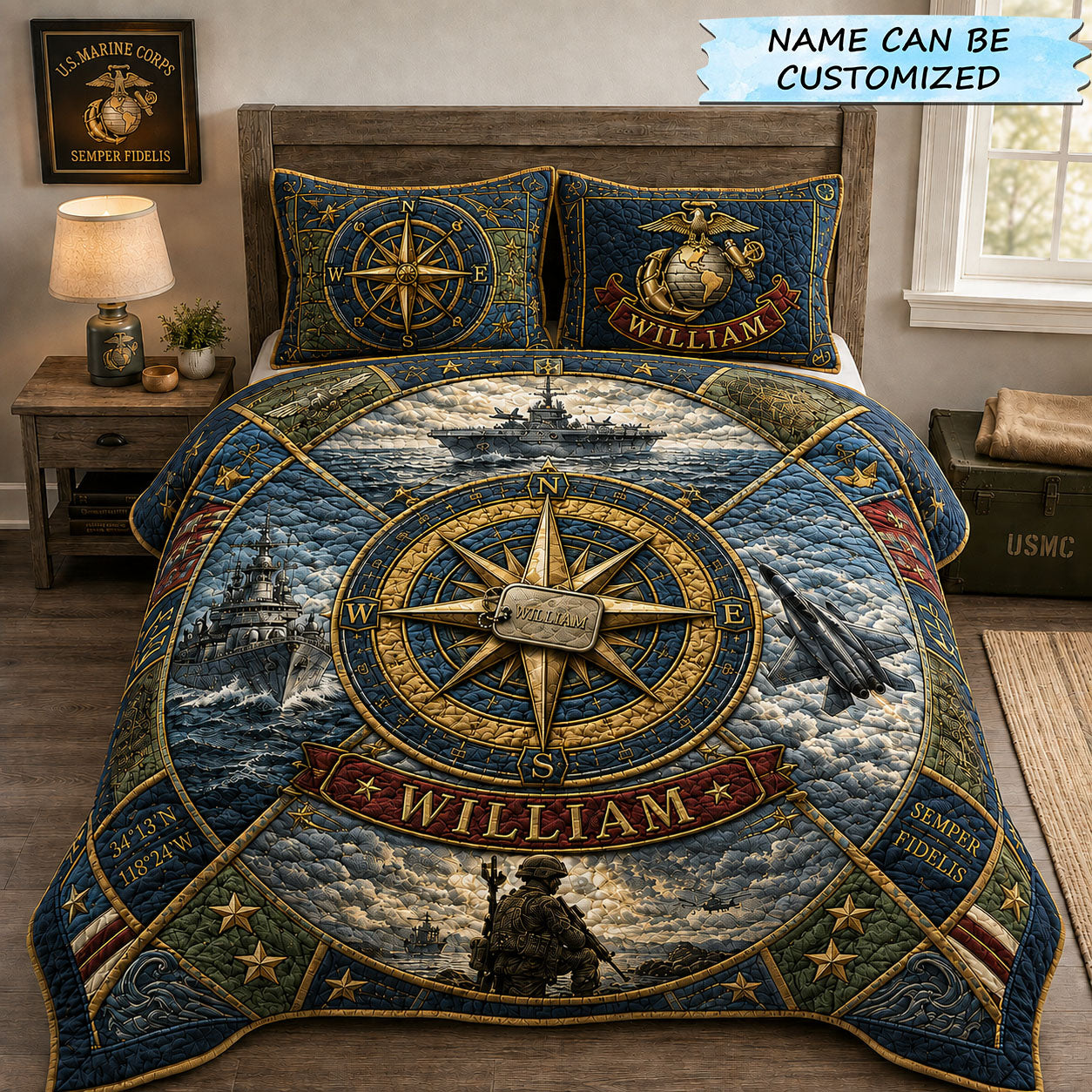 Marine Navy Compass Veteran 3-Piece Quilted Bedding Set QTCUZ GFTOHNL2550