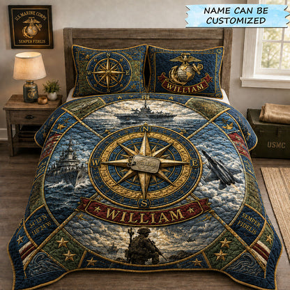 Marine Navy Compass Veteran 3-Piece Quilted Bedding Set QTCUZ GFTOHNL2550