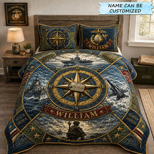 Marine Navy Compass Veteran 3-Piece Quilted Bedding Set QTCUZ GFTOHNL2550