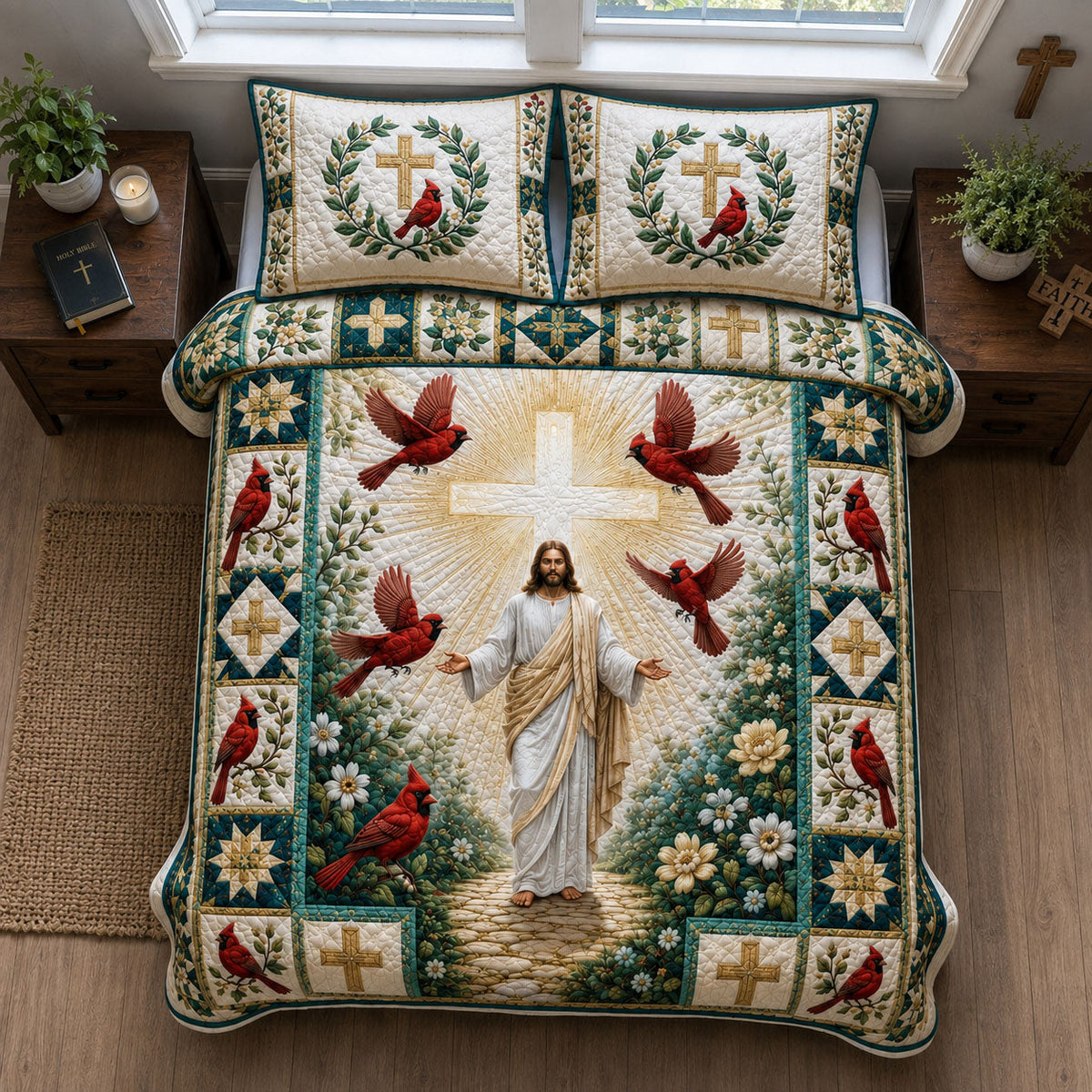 Jesus Cross Cardinal Garden 3-Piece Quilted Bedding Set GFTOHNL2619