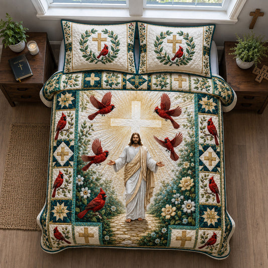Jesus Cross Cardinal Garden 3-Piece Quilted Bedding Set GFTOHNL2619
