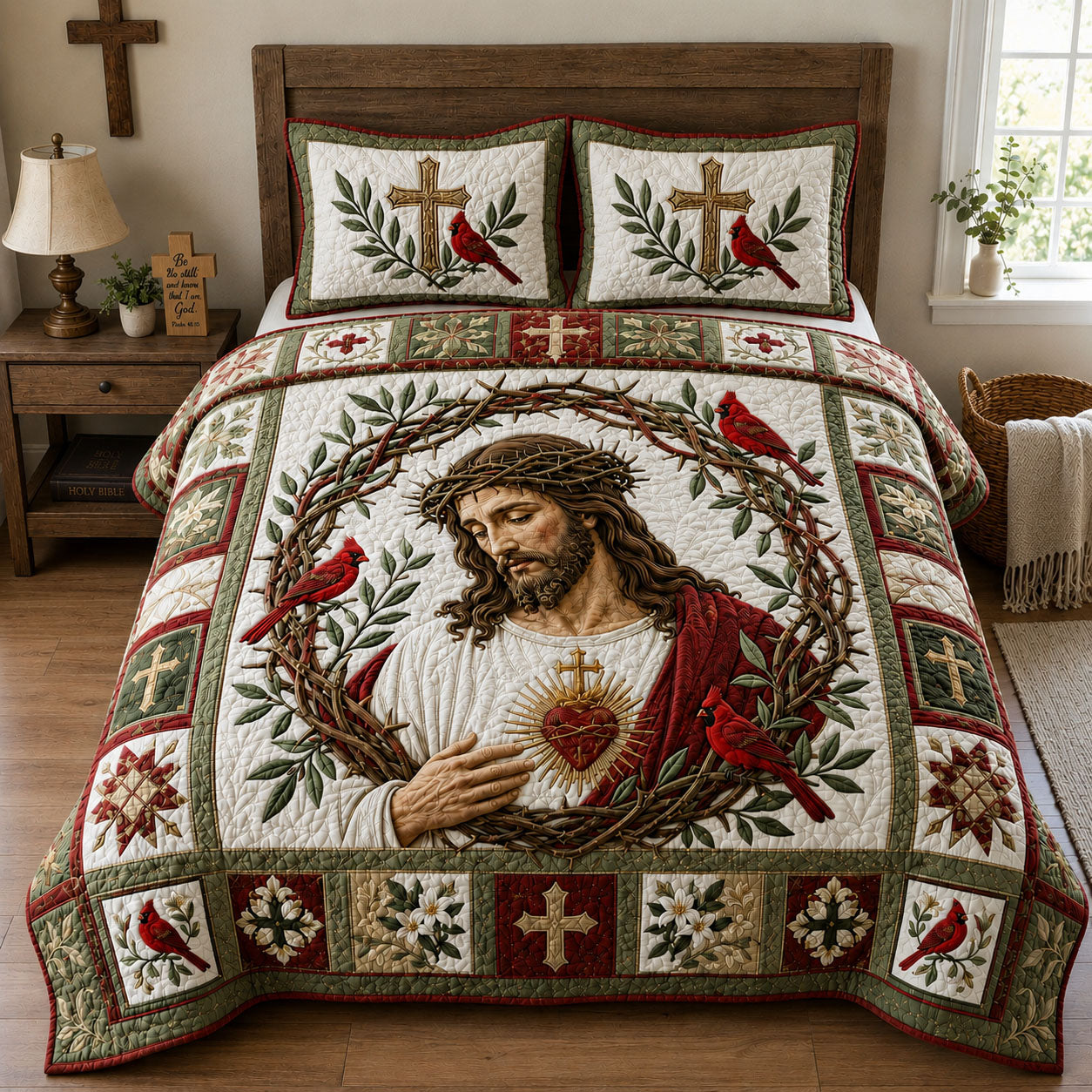 Sacred Heart Crown Of Thorns 3-Piece Quilted Bedding Set GFTOHNL2620