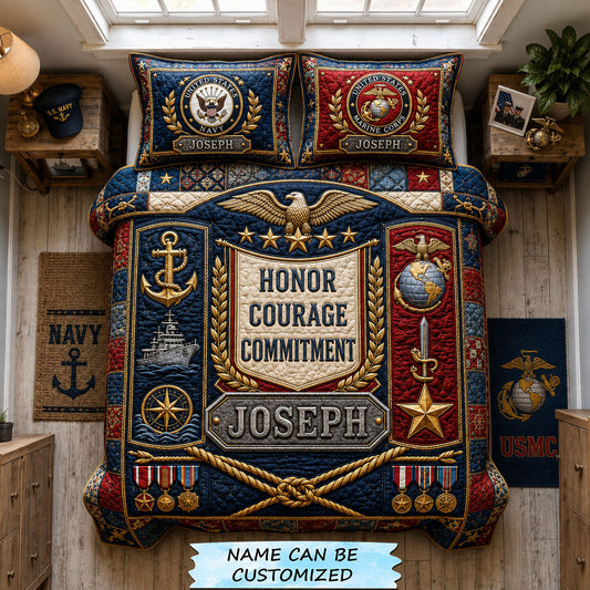 Navy Marine Honor Courage Commitment 3-Piece Quilted Bedding Set QTCUZ GFTOHNL2627