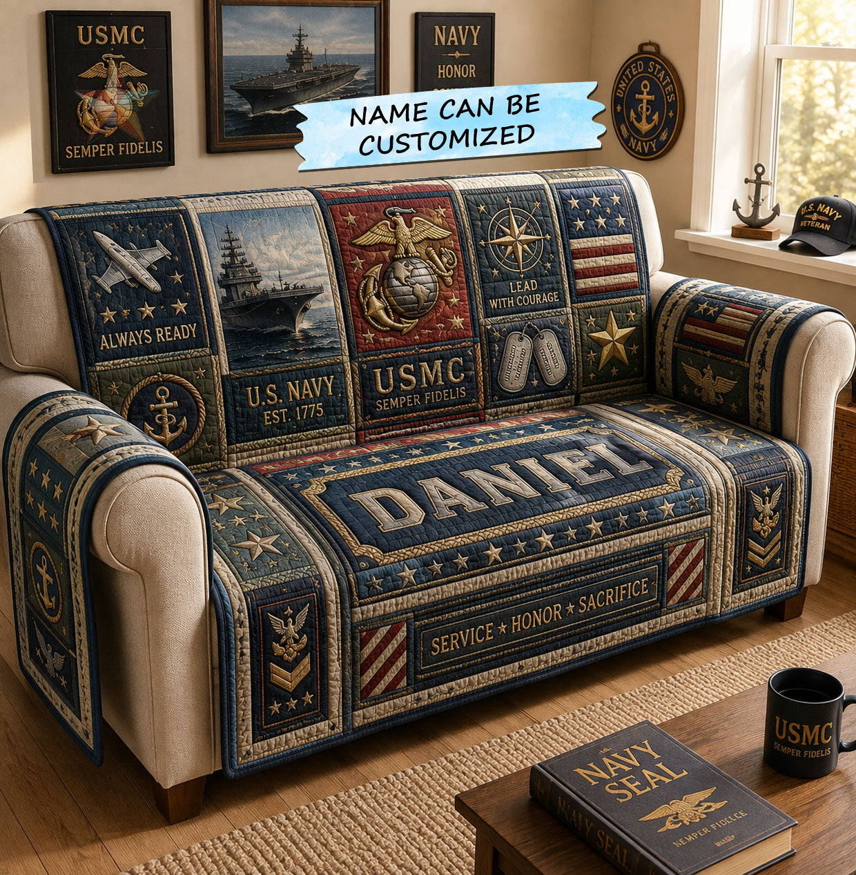 Navy Marines Service Honor Quilted Sofa Cover QTCUZ GFTOHNL2707