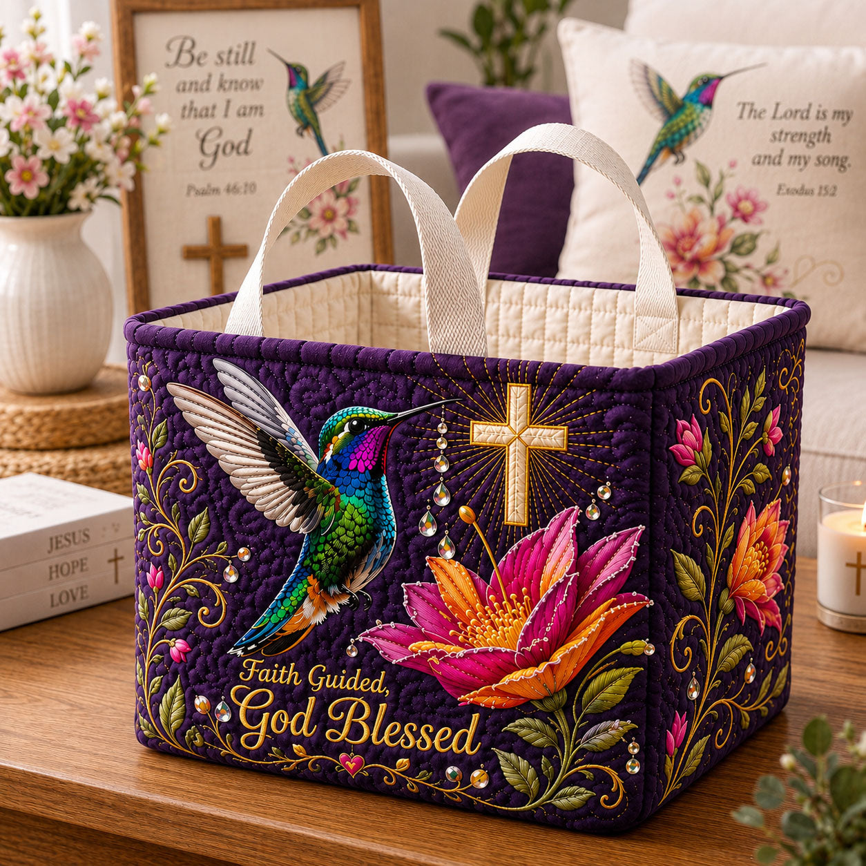 Hummingbird Faith Guided Quilted Storage Basket GFTOHNL2711