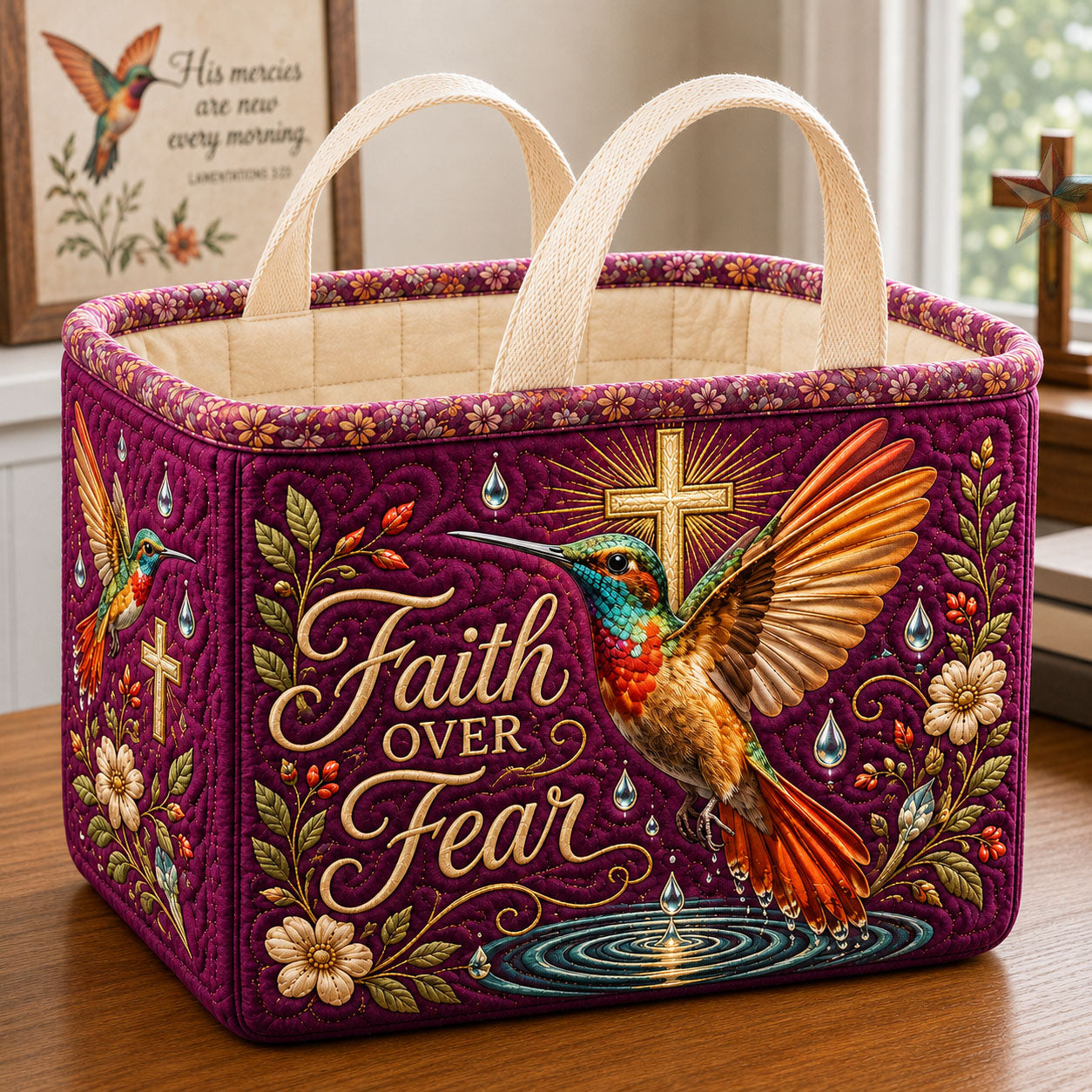 Hummingbird Faith Over Fear Quilted Storage Basket GFTOHNL2714