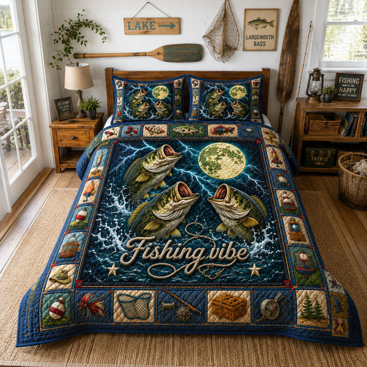 Bass Under the Moon Fishing 3-Piece Quilted Bedding Set GFTOHNL272