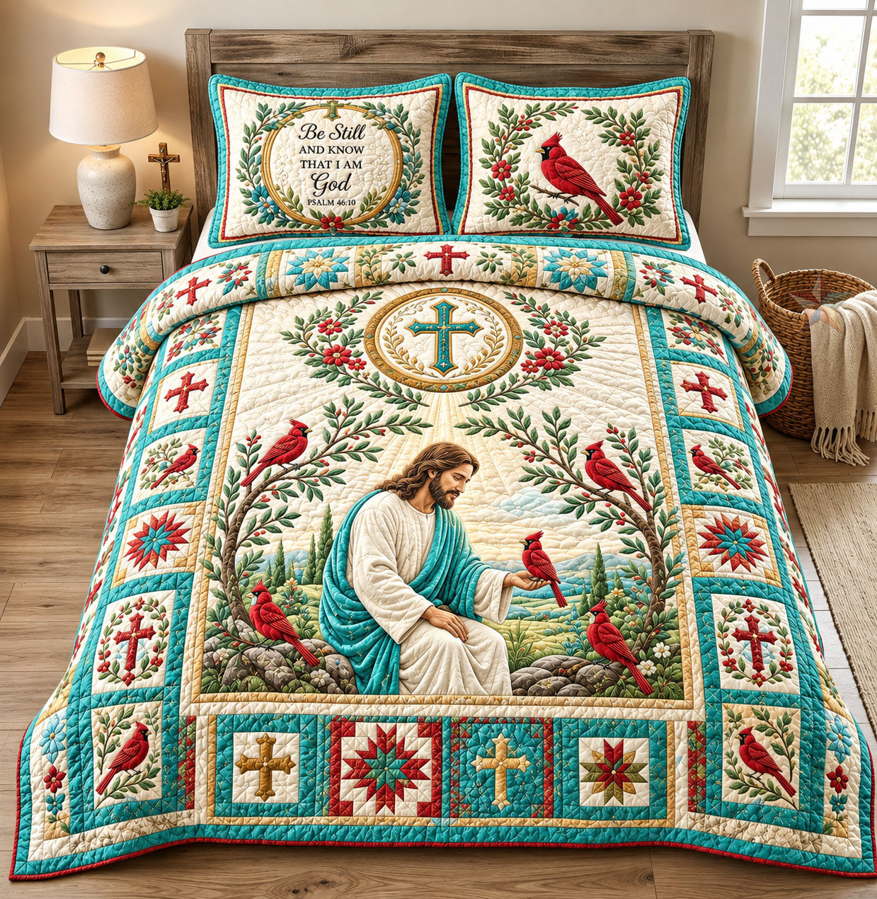 Jesus With Cardinals 3-Piece Quilted Bedding Set GFTOHNL2805