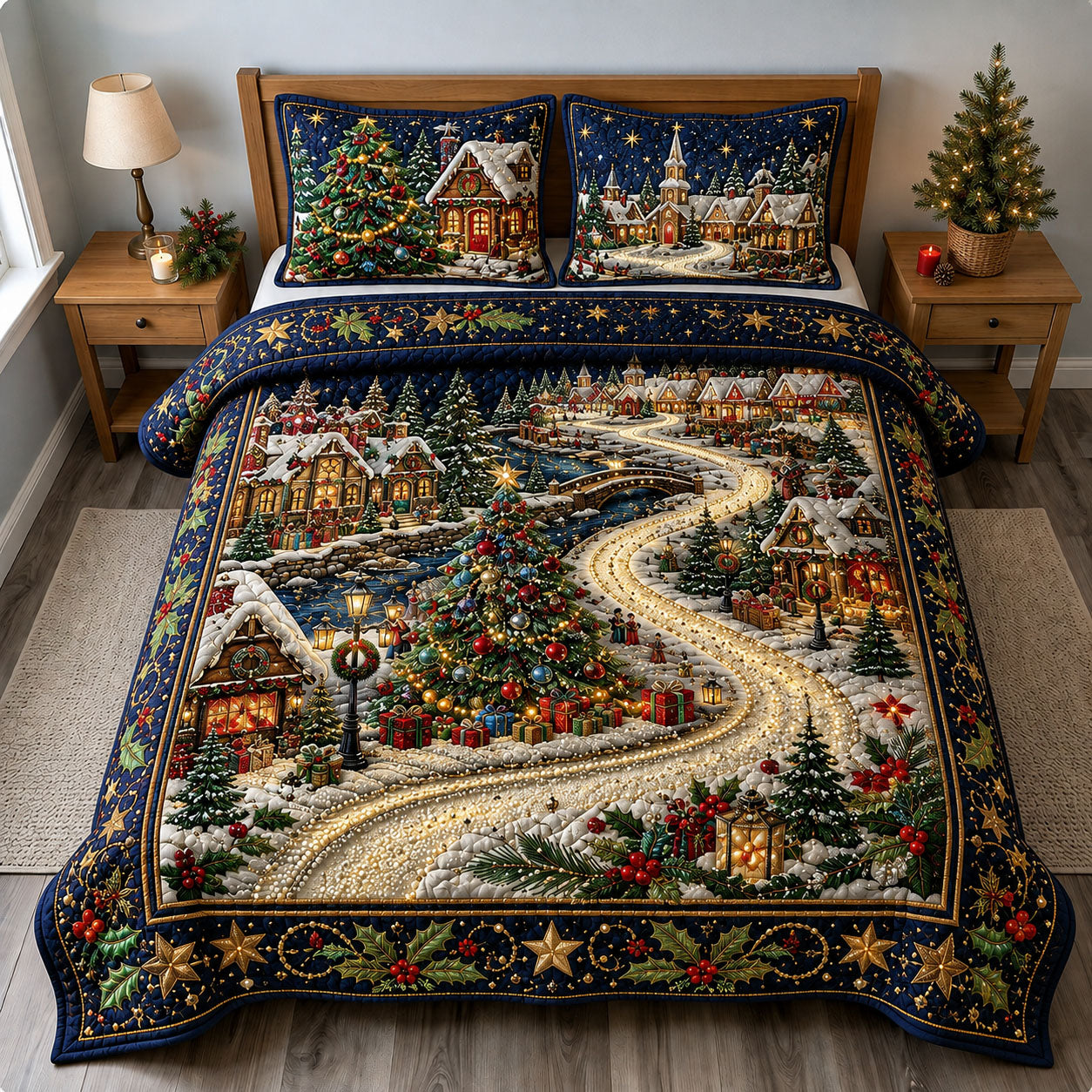 Christmas Village Lights 3-Piece Quilted Bedding Set GFTOHNL2857