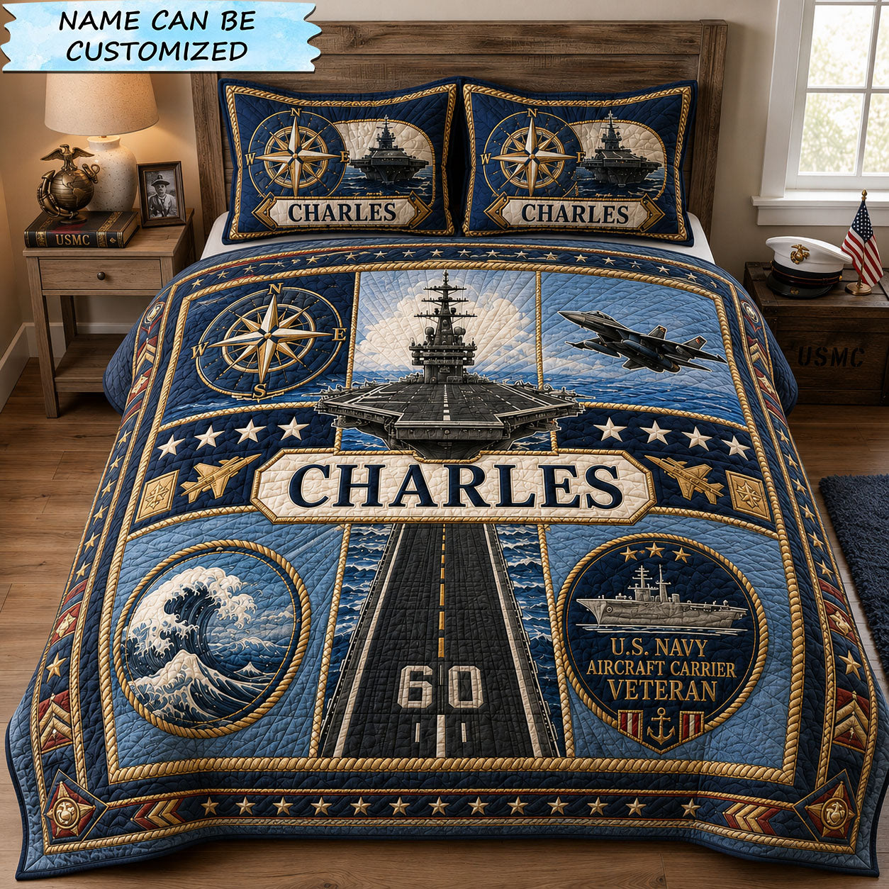 Navy Carrier Service 3-Piece Quilted Bedding Set QTCUZ GFTOHNL2865