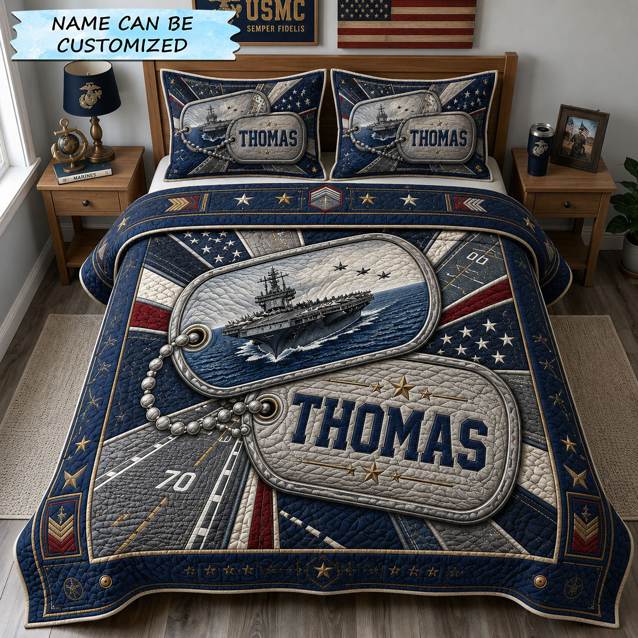 Navy Dog Tag Honor 3-Piece Quilted Bedding Set QTCUZ GFTOHNL2866