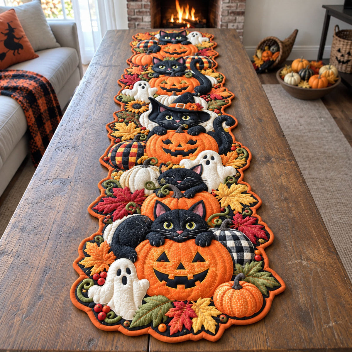 Black Cat Halloween Custom Shape Quilted Table Runner GFTOHNL3424