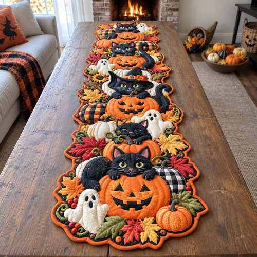 Black Cat Halloween Custom Shape Quilted Table Runner GFTOHNL3424
