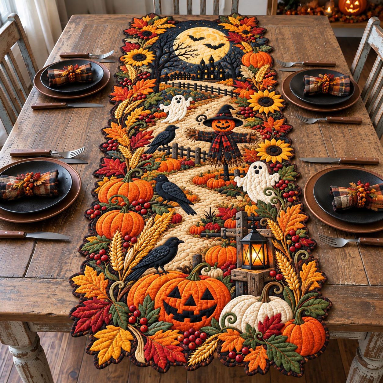 Harvest Halloween Custom Shape Quilted Table Runner GFTOHNL3426