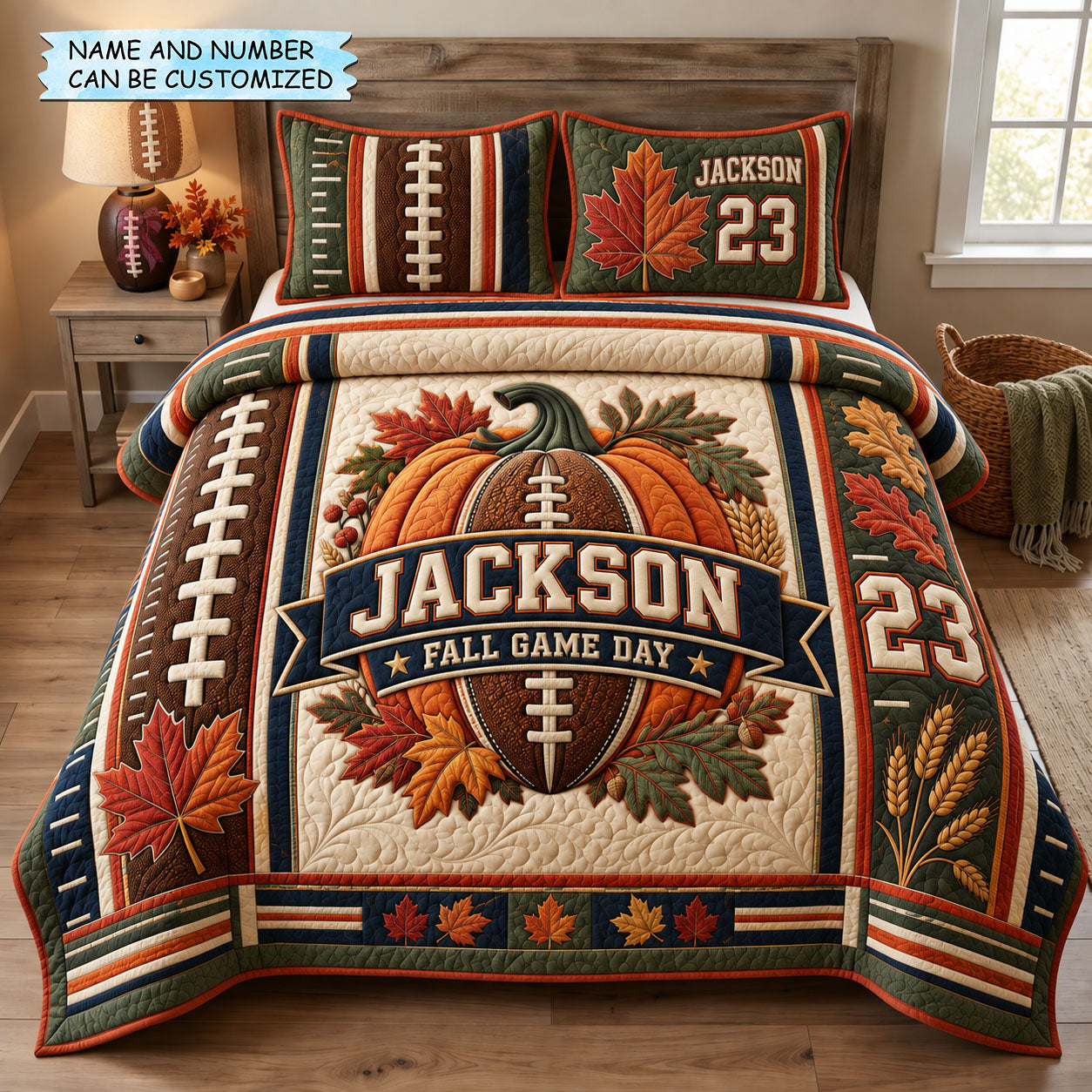 Fall Game Day 3-Piece Quilted Bedding Set QTCUZ GFTOHNL3435