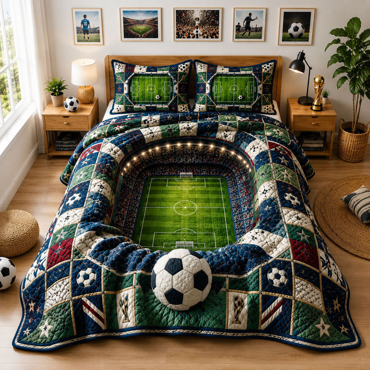 Stadium Arena Soccer Field 3-Piece Quilted Bedding Set GFTOHNL344