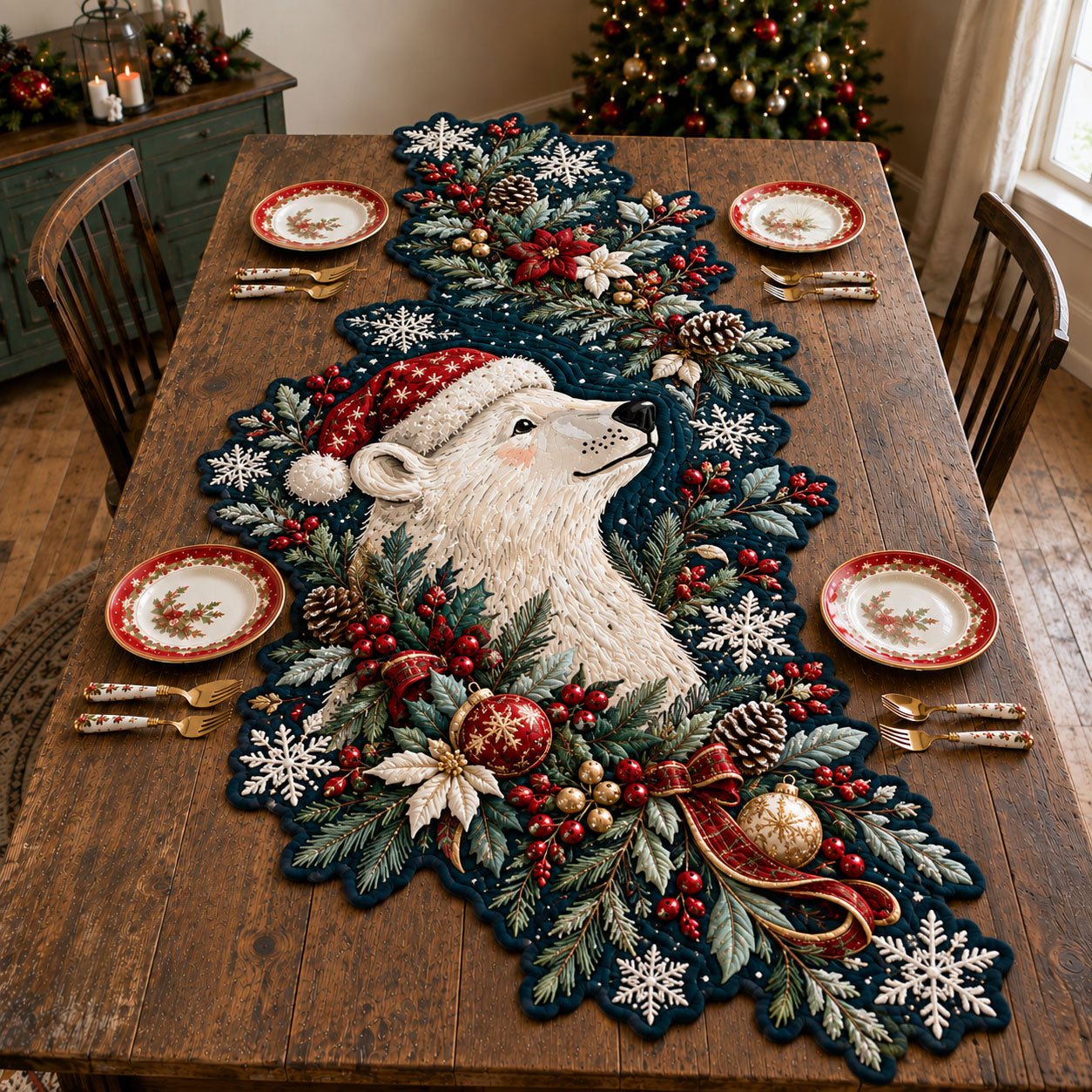 Polar Bear Christmas Custom Shape Quilted Table Runner GFTOHNL3465