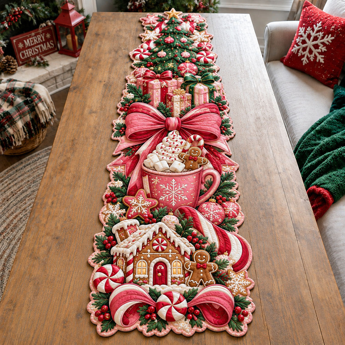 Pink Candy Christmas Custom Shape Quilted Table Runner GFTOHNL3468