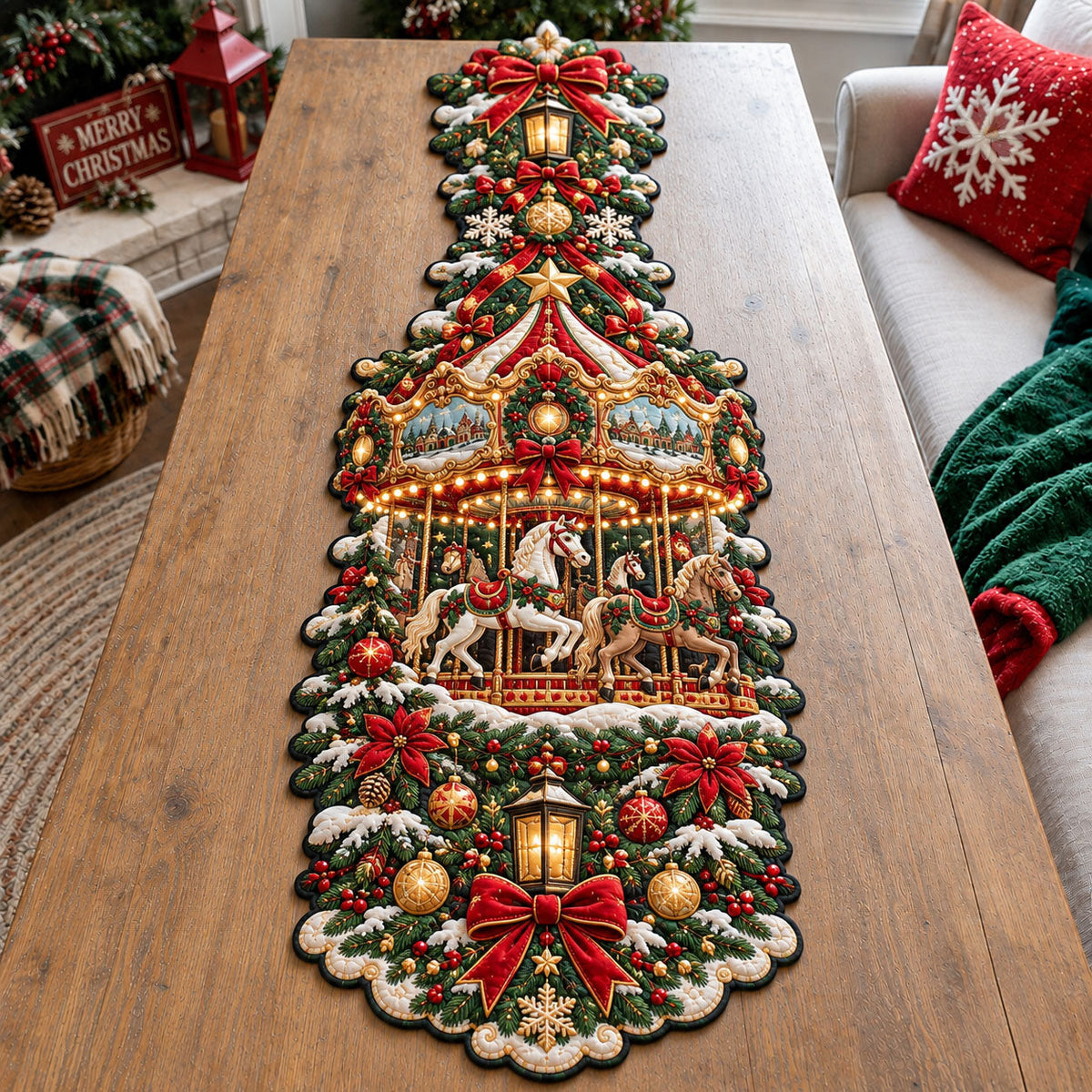 Christmas Carousel Magic Custom Shape Quilted Table Runner GFTOHNL3470