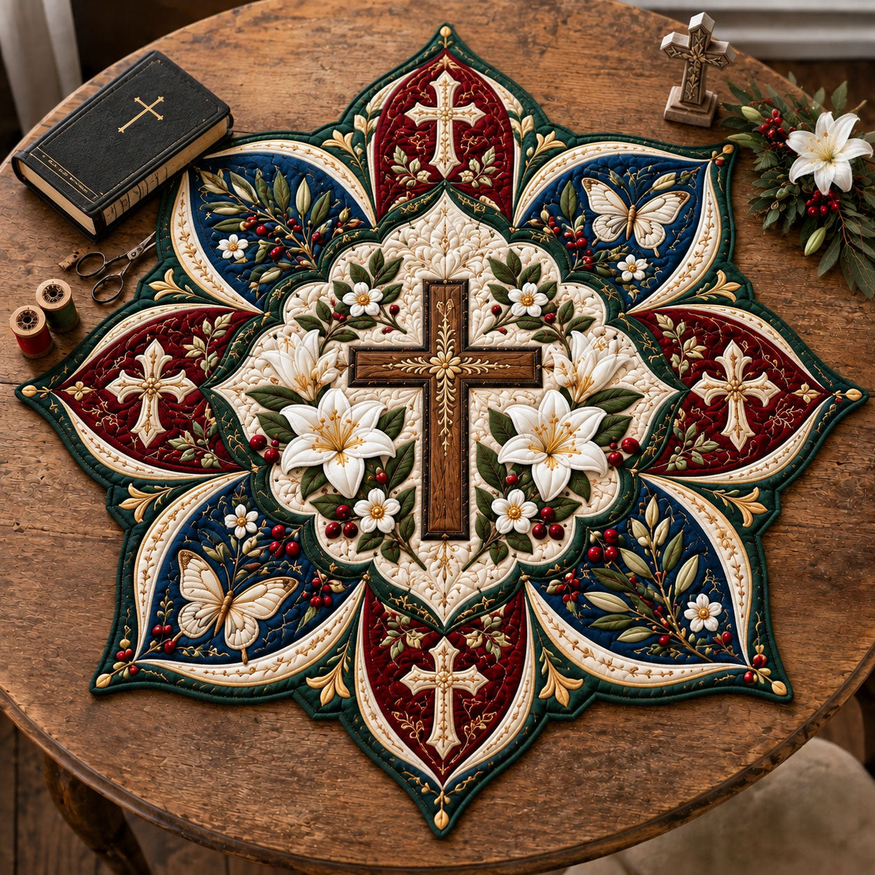 Cross And Lilies Custom Shape Quilted Table Topper GFTOHNL3471