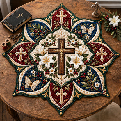Cross And Lilies Custom Shape Quilted Table Topper GFTOHNL3471