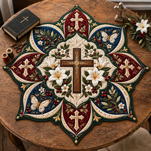Cross And Lilies Custom Shape Quilted Table Topper GFTOHNL3471