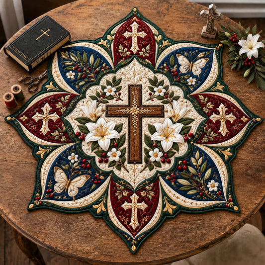 Cross And Lilies Custom Shape Quilted Table Topper GFTOHNL3471