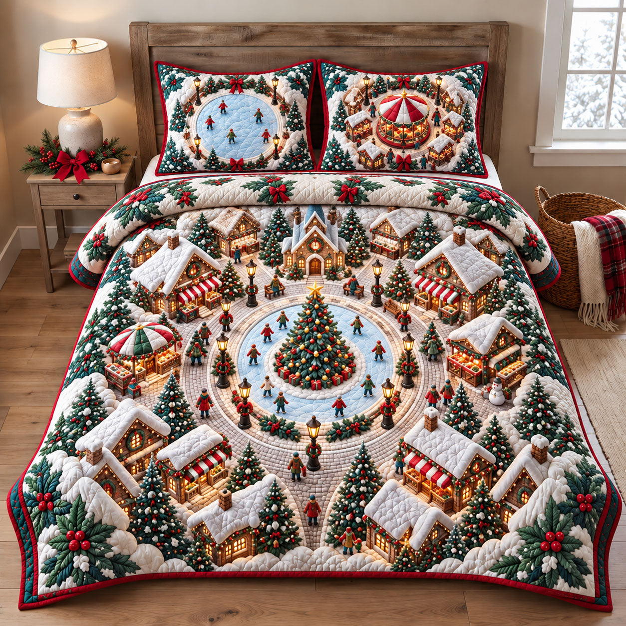Christmas Village Square 3-Piece Quilted Bedding Set GFTOHNL3480