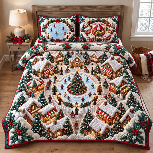 Christmas Village Square 3-Piece Quilted Bedding Set GFTOHNL3480