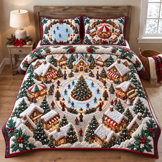 Christmas Village Square 3-Piece Quilted Bedding Set GFTOHNL3480