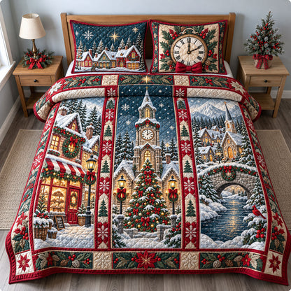 Christmas Clock Tower 3-Piece Quilted Bedding Set GFTOHNL3481